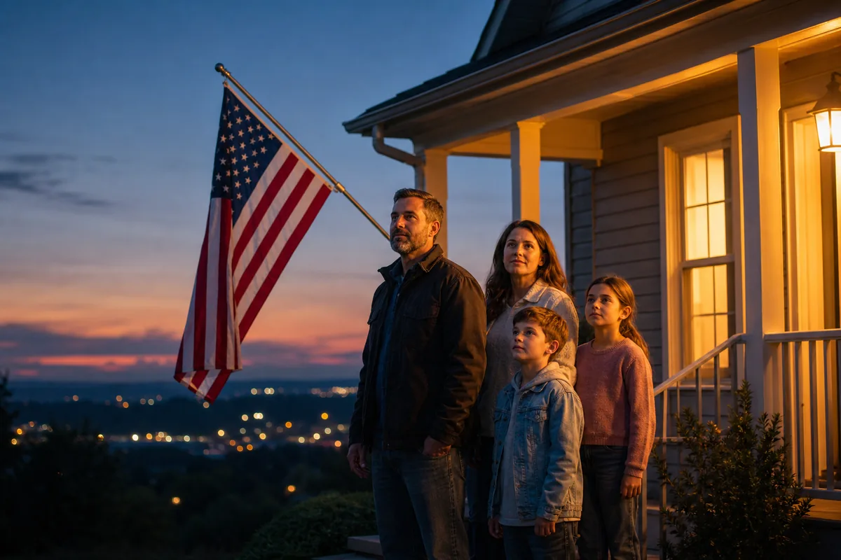 Family standing outside their home beside an American flag at dusk